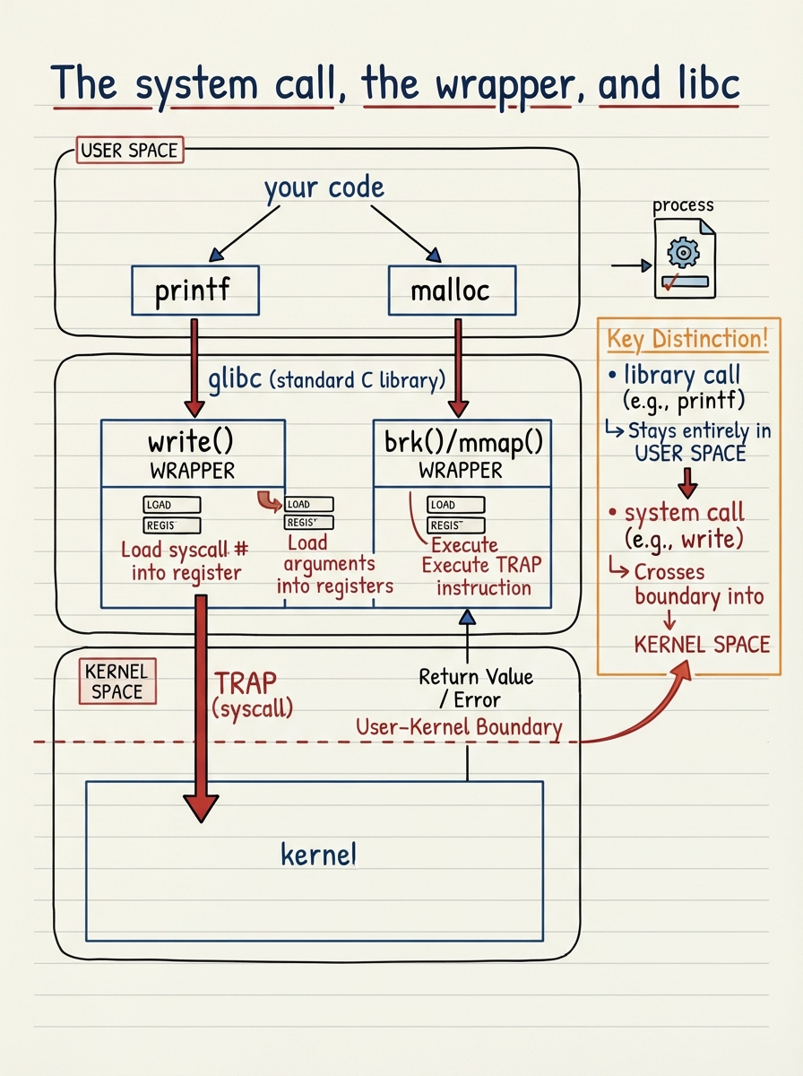 Handwritten A4 diagram: three stacked layers — top layer "your code" calling printf and malloc; middle layer "glibc" showing thin wrapper functions write() and brk()/mmap() that load registers and execute the trap; bottom layer "kernel" reached by the trap arrow; a side note distinguishes "library call" (stays in user space) from "system call" (crosses the boundary).
