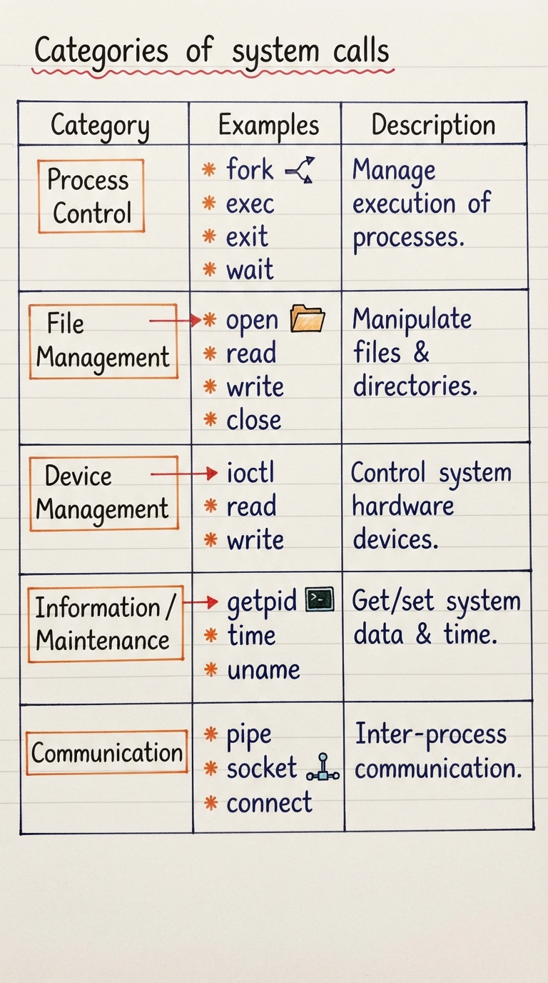 Handwritten A4 diagram: a labelled table with five rows — process control (fork, exec, exit, wait), file management (open, read, write, close), device management (ioctl, read, write), information/maintenance (getpid, time, uname), and communication (pipe, socket, connect) — each row listing two or three representative syscalls.