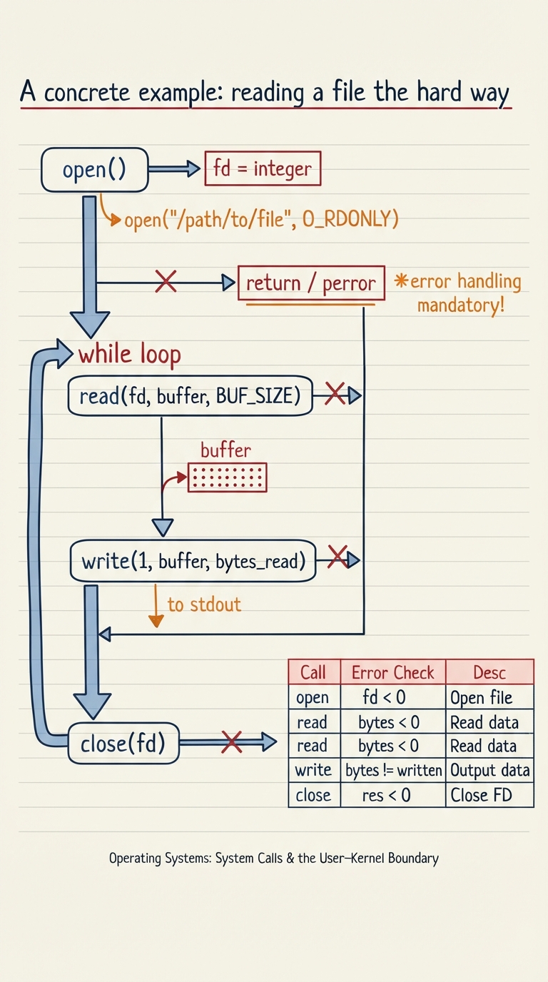 Handwritten A4 diagram: a flow from an open() box returning a file descriptor number, into a read() loop filling a byte buffer, into a write() sending that buffer to fd 1, and finally a close() box; a small error branch off each call points to "return / perror" showing checked error handling at every step.