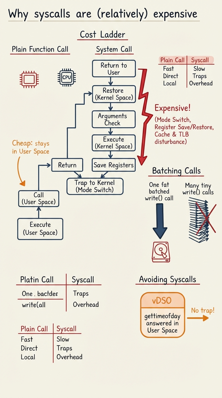 Handwritten A4 diagram: a cost ladder comparing a plain function call (cheap, stays in user space) against a system call (mode switch, register save/restore, cache and TLB disturbance); beside it, one fat batched write arrow versus many tiny write arrows, and a small "vDSO" box showing gettimeofday answered in user space with no trap.