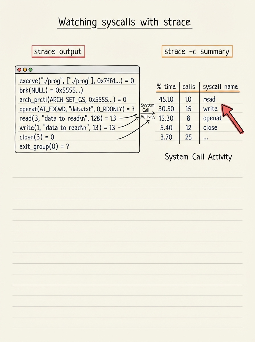 Handwritten A4 diagram: a terminal window showing an strace trace of a small program — lines for openat, read, write, close each with their arguments and return value — and beside it an strace -c summary table with columns for % time, calls, and syscall name, an arrow pointing to the busiest call.