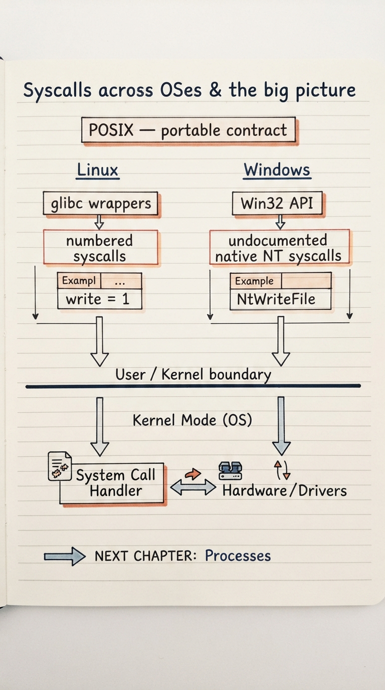 Handwritten A4 diagram: two columns, Linux (glibc wrappers over numbered syscalls, e.g. write = 1) and Windows (Win32 API over the undocumented native NT syscalls), both funnelling down through the same user/kernel trap line; a banner labelled "POSIX — portable contract" spans the top, and a forward arrow points to the next chapter on processes.
