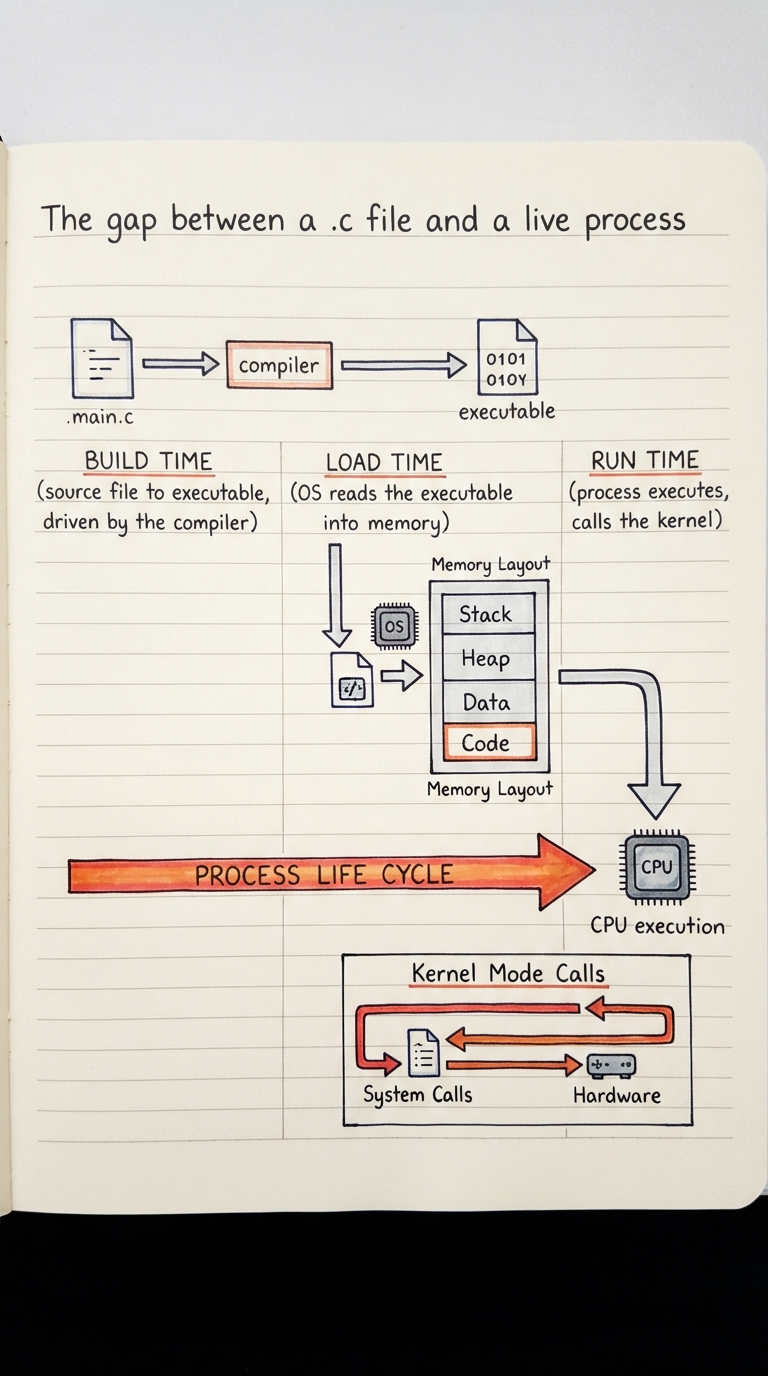 Hand-drawn horizontal map split into three labelled zones — BUILD TIME (source file to executable, driven by the compiler), LOAD TIME (OS reads the executable into memory), RUN TIME (process executes, calls the kernel) — with a big arrow crossing all three.