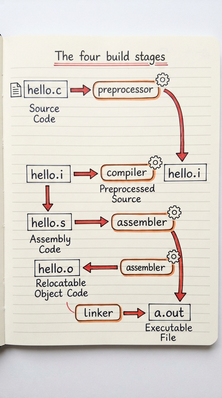 Hand-drawn pipeline arrow chain: hello.c → [preprocessor] → hello.i → [compiler] → hello.s → [assembler] → hello.o → [linker] → a.out, with each intermediate file labelled with what it contains.