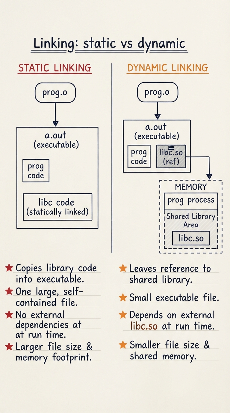 Hand-drawn split diagram: on the left, STATIC linking copies library code into one big self-contained a.out; on the right, DYNAMIC linking leaves a small a.out that points to a shared libc.so loaded separately at run time.
