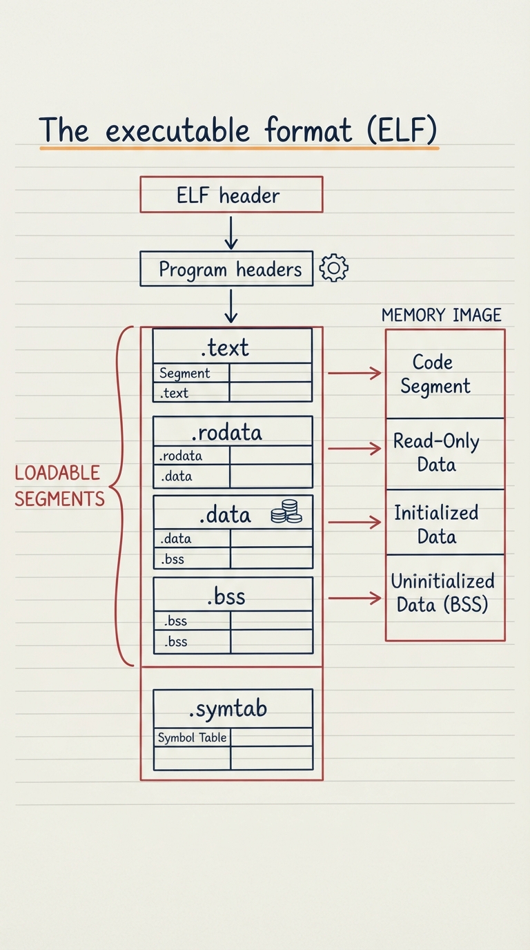 Hand-drawn vertical layout of an ELF file from top to bottom: ELF header, program headers, then boxes for .text, .rodata, .data, .bss, .symtab, with arrows showing which sections become loadable segments in memory.
