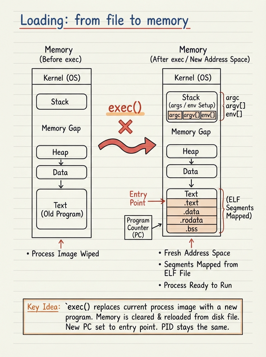 Hand-drawn diagram of exec() replacing a process image: on the left the old program in memory, an arrow labelled exec() wiping it, and on the right the ELF segments mapped into a fresh address space with stack, args/env set up and the program counter pointing at the entry point.