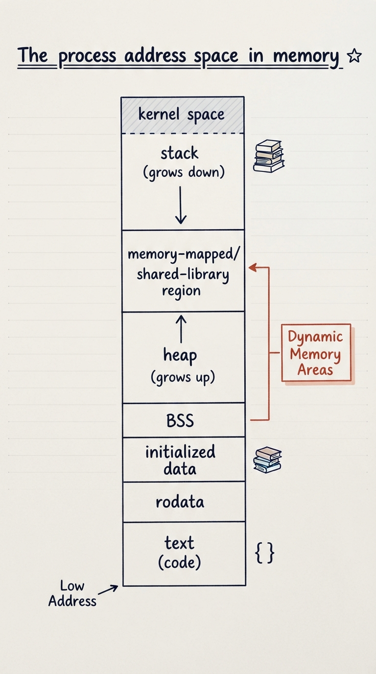 Hand-drawn vertical memory map, low addresses at the bottom: text (code) → rodata → initialized data → BSS → heap with an up-arrow (grows up) → a gap holding the memory-mapped/shared-library region → stack with a down-arrow (grows down) at the top, with kernel space above.