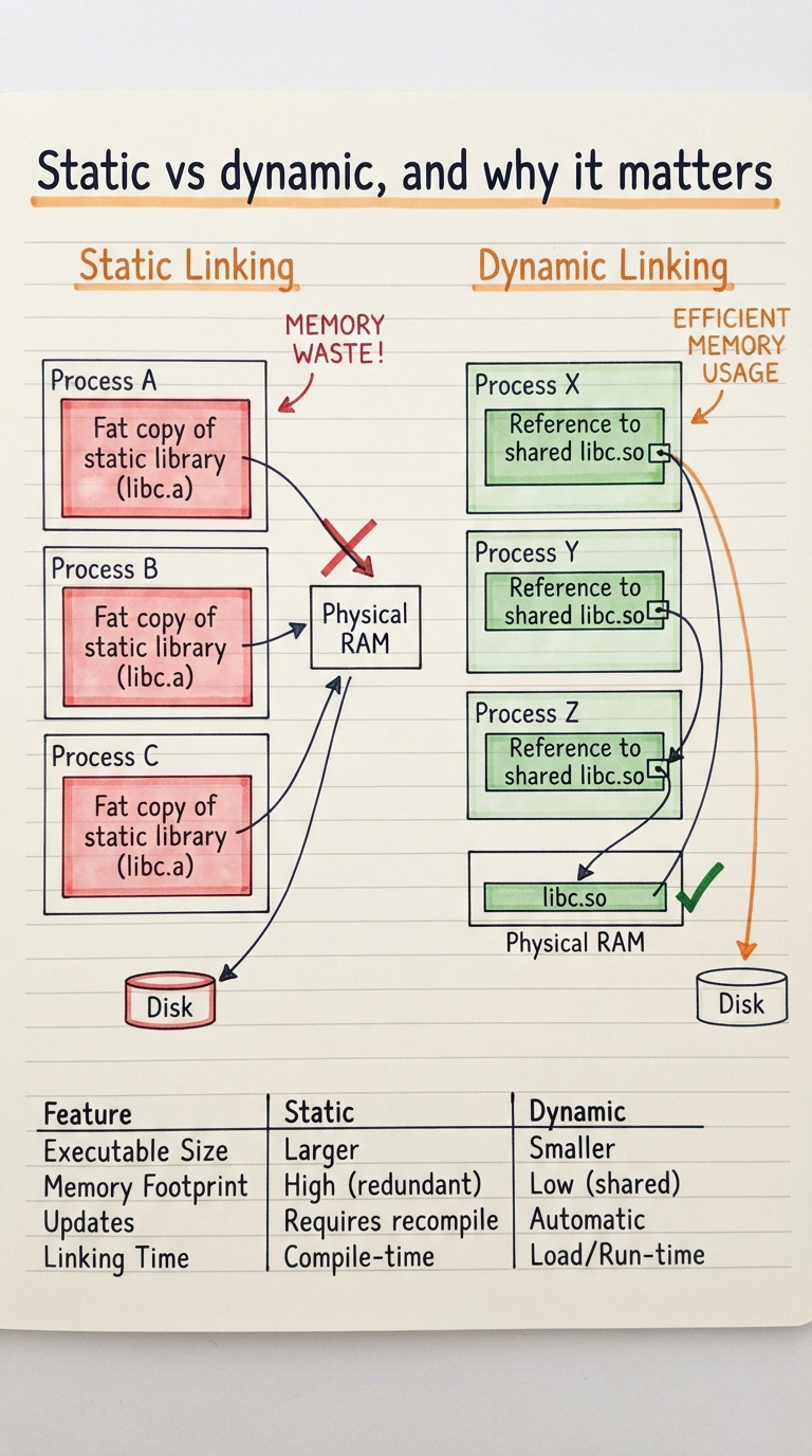 Hand-drawn comparison: on one side three processes each carrying their own fat copy of a statically linked library; on the other side three slim processes all pointing at a single shared libc.so loaded once in physical RAM.