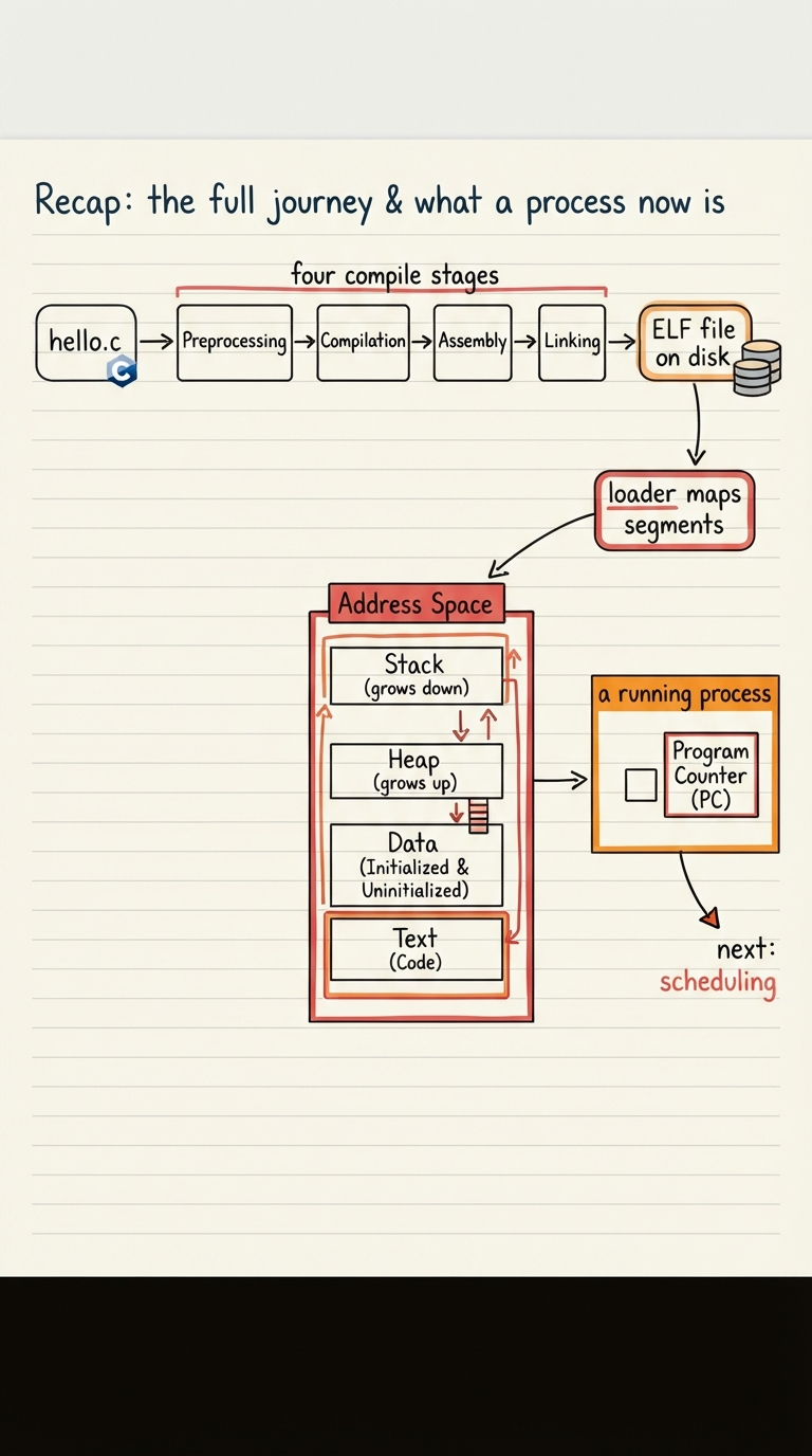 Hand-drawn end-to-end summary strip: hello.c → four compile stages → ELF file on disk → loader maps segments → address space with stack/heap/text/data → a running process with a program counter, handing off with an arrow labelled "next: scheduling".
