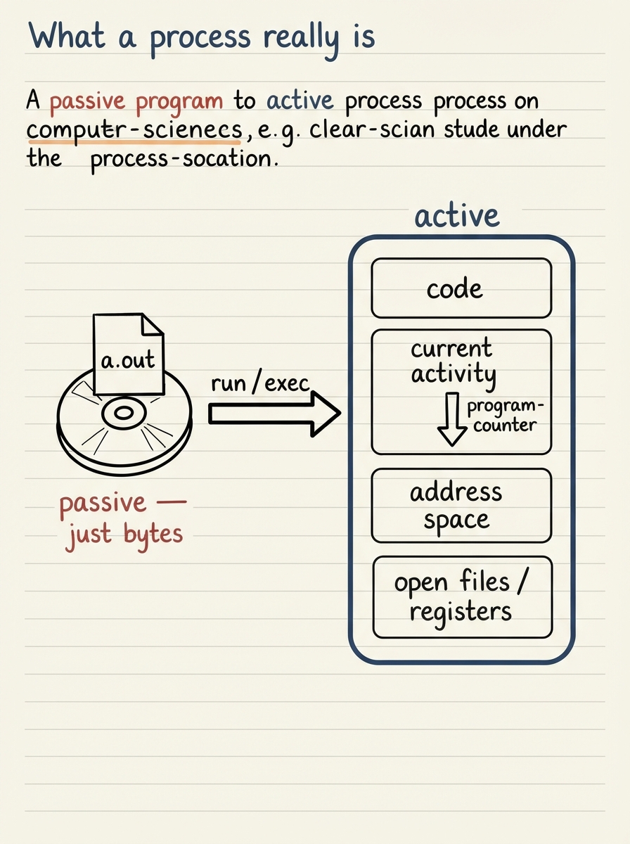 Hand-drawn A4 diagram: on the left a program file "a.out" resting on a disk icon labelled "passive — just bytes"; a big arrow labelled "run / exec" points right to a process box labelled "active", containing four compartments — code, current activity (a program-counter arrow), an address space, and open files/registers.