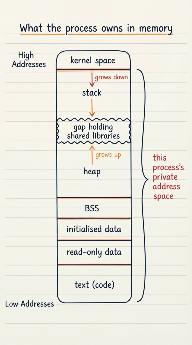 Hand-drawn vertical memory map of one process, low addresses at the bottom: text (code) → read-only data → initialised data → BSS → heap with an up-arrow (grows up) → a gap holding shared libraries → stack with a down-arrow (grows down) at the top, kernel space above the line; a bracket on the right labels the whole thing "this process’s private address space".