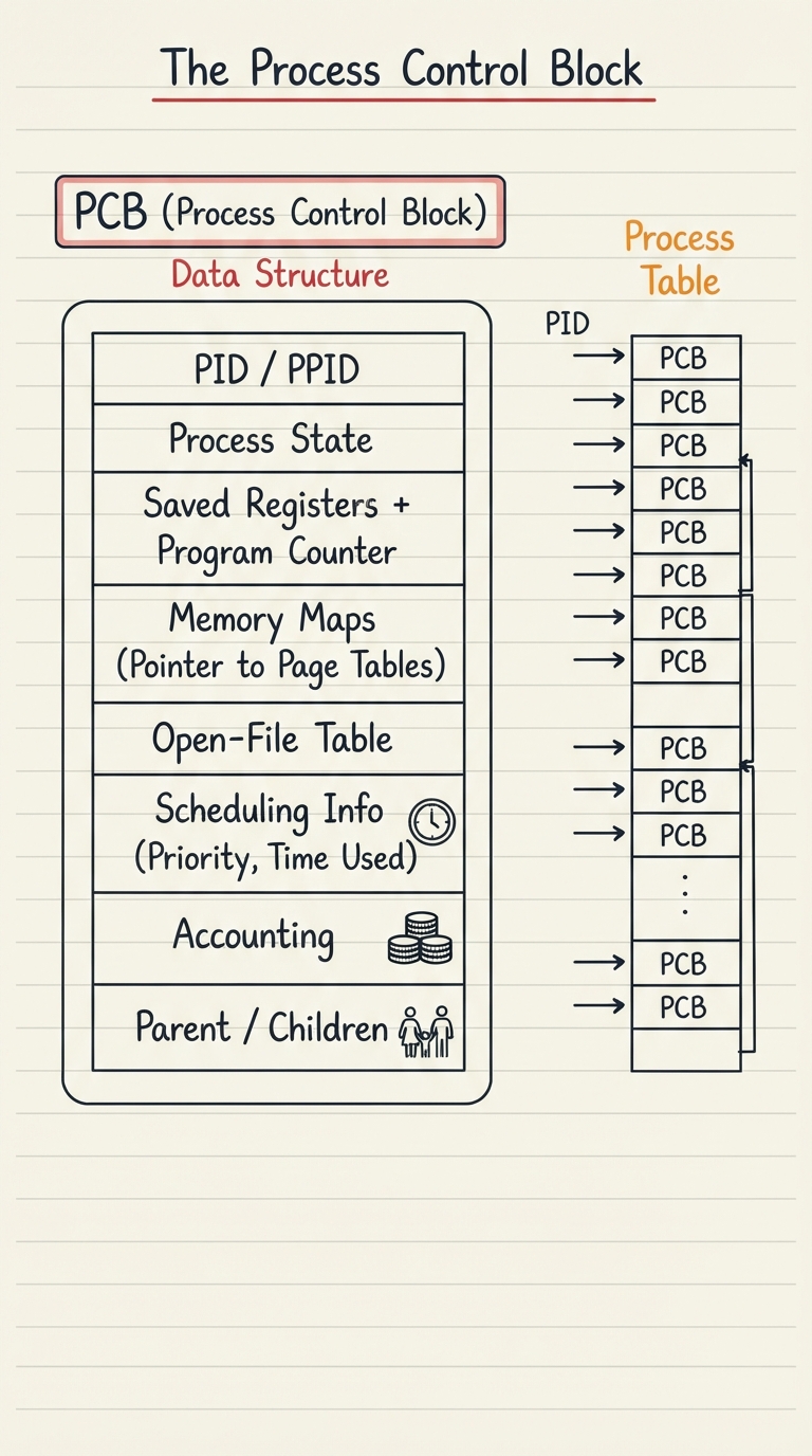 Hand-drawn A4 diagram: a single labelled "PCB" card listing its fields in rows — PID/PPID, state, saved registers + program counter, memory maps (pointer to page tables), open-file table, scheduling info (priority, time used), accounting, parent/children — and beside it a "process table" drawn as an array of such cards indexed by PID.