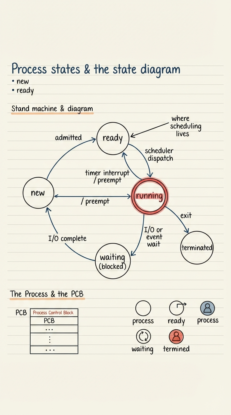Hand-drawn A4 state machine: five circles — new, ready, running, waiting (blocked), terminated — with labelled arrows: new→ready (admitted), ready→running (scheduler dispatch), running→ready (timer interrupt / preempt), running→waiting (I/O or event wait), waiting→ready (I/O complete), running→terminated (exit); a note points at the running↔ready loop as "where scheduling lives".