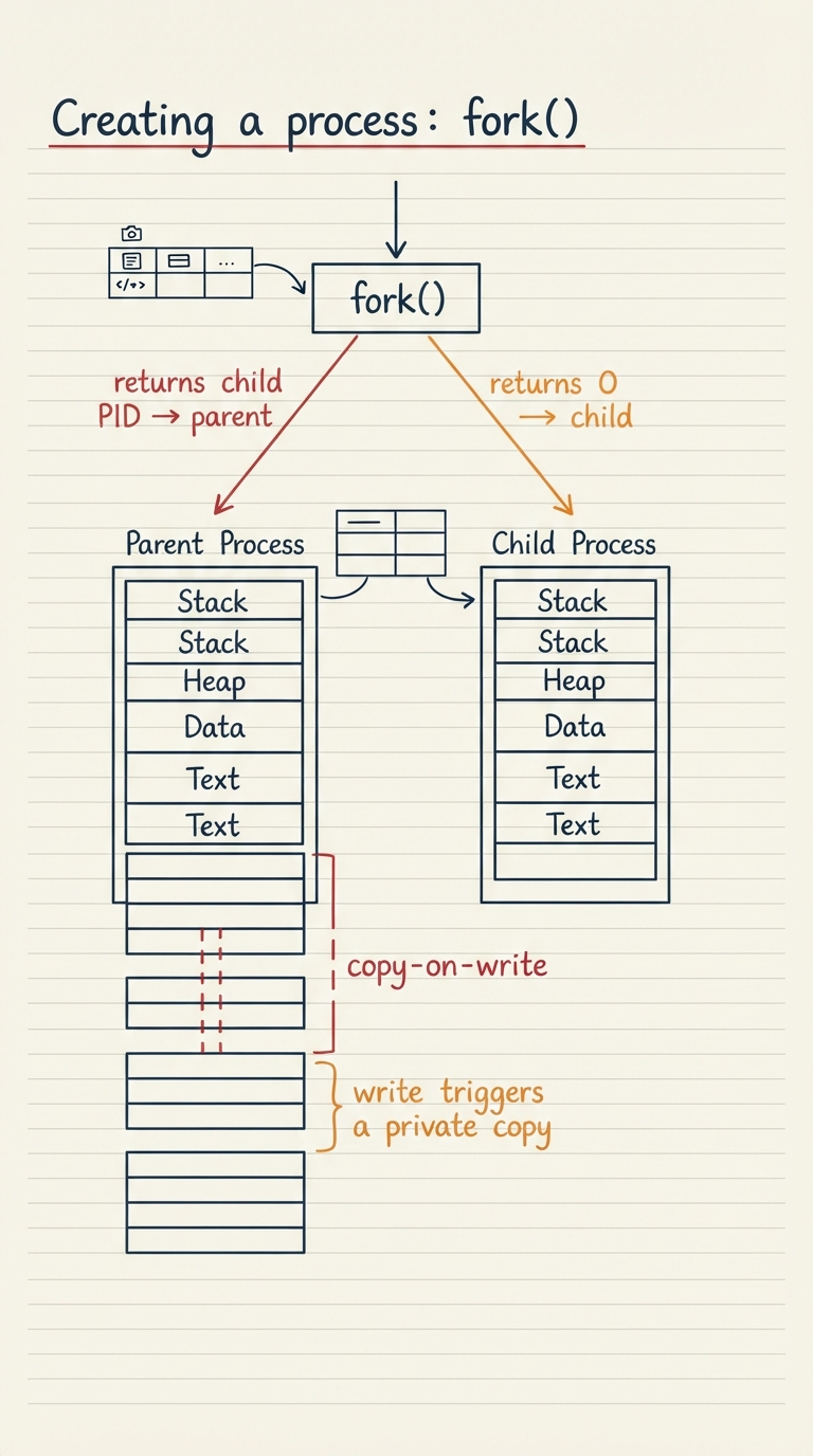 Hand-drawn A4 diagram: a single arrow entering a "fork()" box and two arrows leaving it — one labelled "returns child PID → parent", one labelled "returns 0 → child"; below, two identical address-space boxes (parent and child) sharing physical pages drawn with a dashed "copy-on-write" link, and a note "write triggers a private copy".
