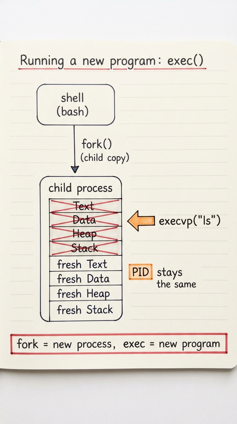 Hand-drawn A4 diagram: a process box "shell (bash)" forks into a child copy; an arrow labelled "execvp("ls")" points at the child, its old address space struck through and replaced by fresh "ls" text/data/heap/stack, while the PID stays the same; caption strip along the bottom reads "fork = new process, exec = new program".