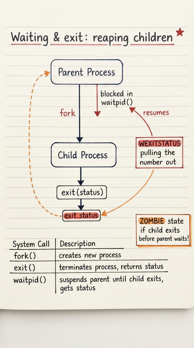 Hand-drawn A4 diagram: a parent process box with a downward arrow "fork" to a child; the child ends in an "exit(status)" box that sets a small "exit status" tag; a dashed arrow carries that status up to the parent, which is drawn blocked in "waitpid()" and then resuming with WEXITSTATUS pulling the number out.