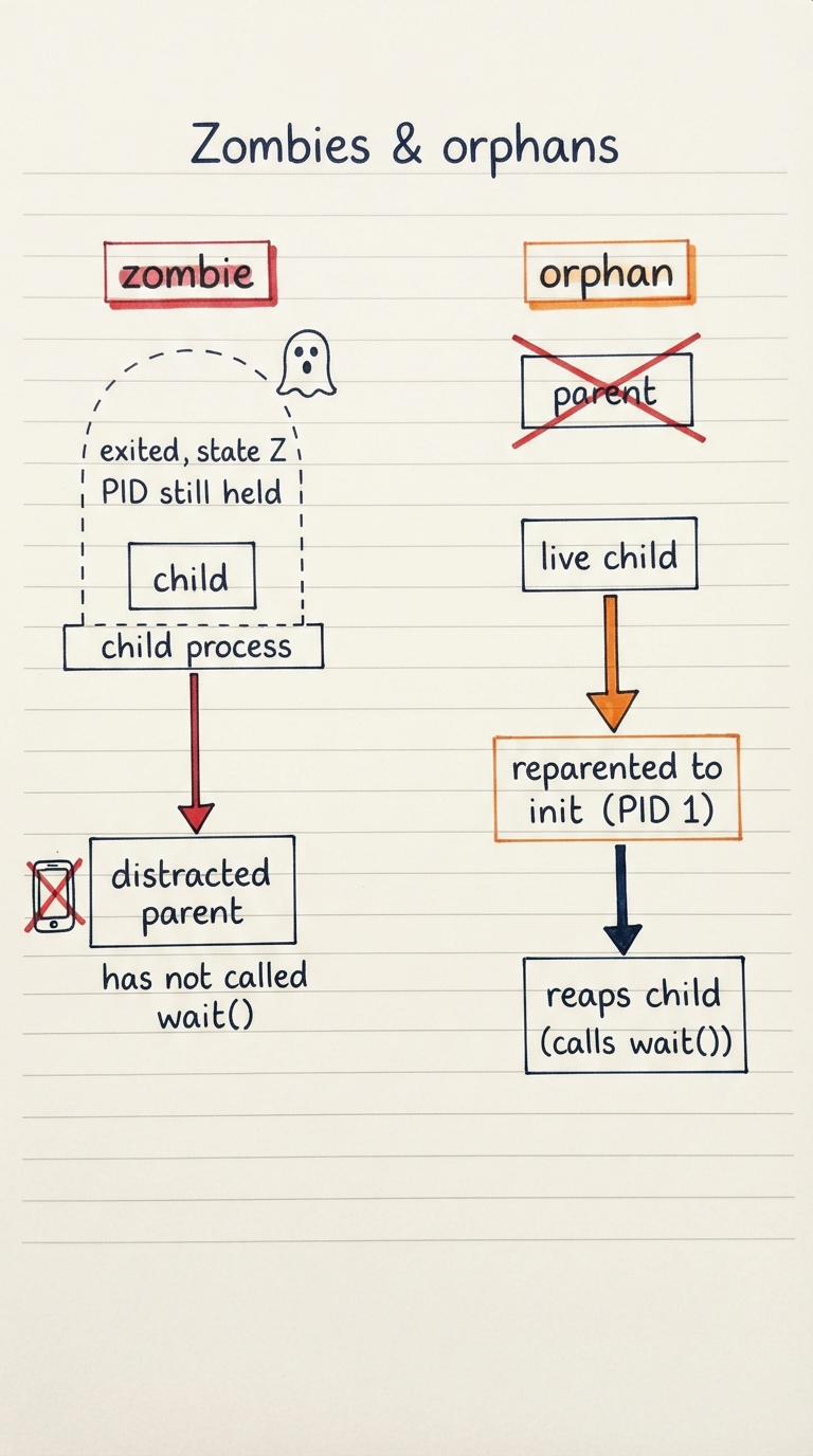 Hand-drawn A4 diagram split in two: LEFT "zombie" — a child in a dashed tombstone box marked "exited, state Z" with its PID still held, arrow to a distracted parent that has not called wait(); RIGHT "orphan" — a live child whose parent box is crossed out, a re-pointing arrow labelled "reparented to init (PID 1)" which then reaps it.