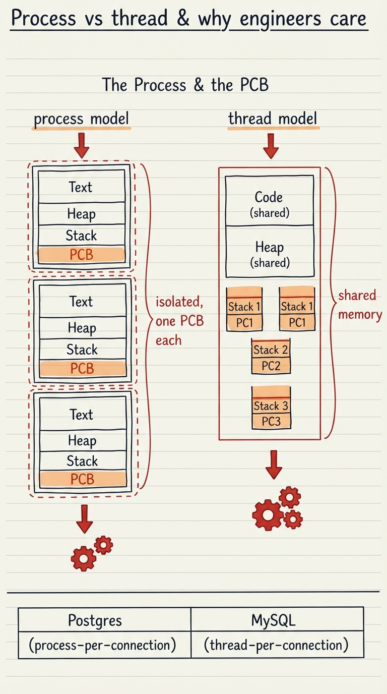 Hand-drawn A4 diagram: LEFT "process model" — three separate address-space boxes each with its own text/heap/stack, labelled "isolated, one PCB each"; RIGHT "thread model" — one address space box containing three stacks and program counters sharing the same heap and code, labelled "shared memory"; a footer names Postgres (process-per-connection) vs MySQL (thread-per-connection).