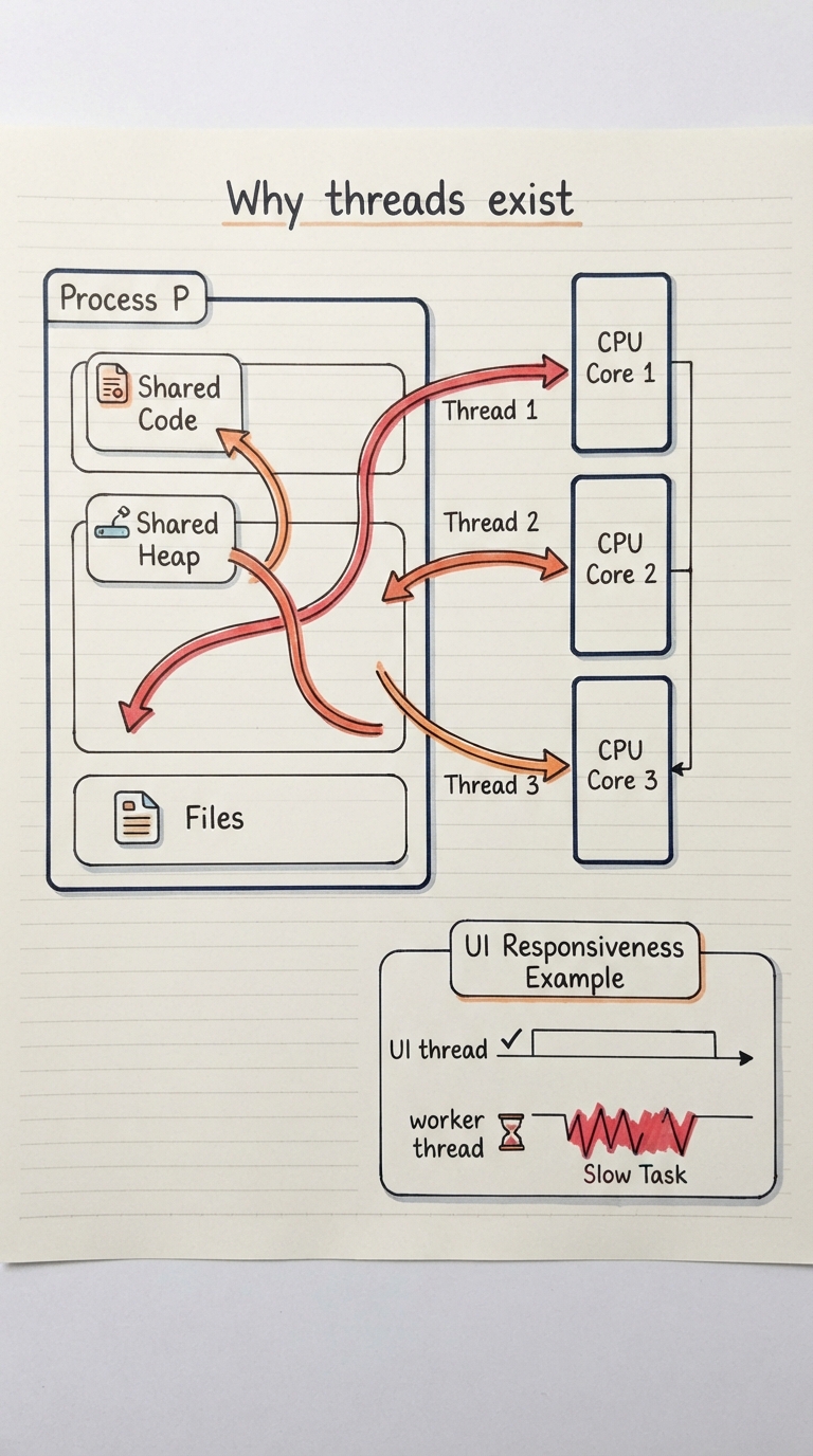 Handwritten A4 diagram: one large process box containing three curved arrows (threads) all weaving through the same shared code and heap region; to the right, three of those threads land on three separate CPU cores running at once, and a small inset shows a "UI thread" staying responsive while a "worker thread" does slow work.