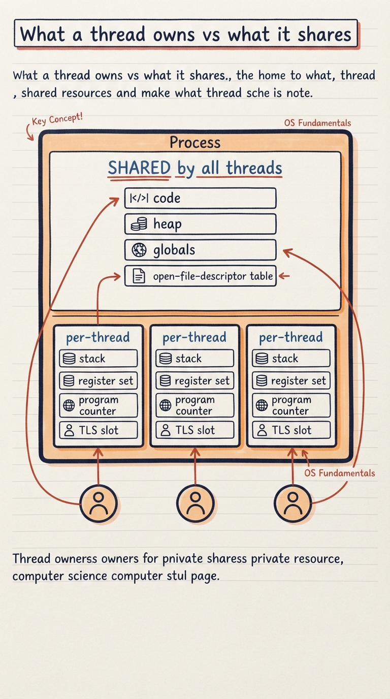 Handwritten A4 diagram: a process box split into two zones — a large shared zone labelled "SHARED by all threads" containing code, heap, globals and an open-file-descriptor table, and three small private boxes labelled "per-thread" each holding a stack, a register set, a program counter and a TLS slot; arrows from three thread icons point into their own private box but all reach into the one shared zone.