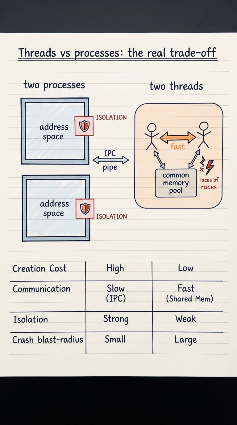 Handwritten A4 diagram: left side "two processes" showing two separate walled address-space boxes with a narrow labelled IPC pipe between them and a shield icon meaning isolation; right side "two threads" showing one box with two threads reaching into a common memory pool with a fast double-arrow but a small crack/lightning icon warning of races; a comparison table beneath lists creation cost, communication, isolation and crash blast-radius.