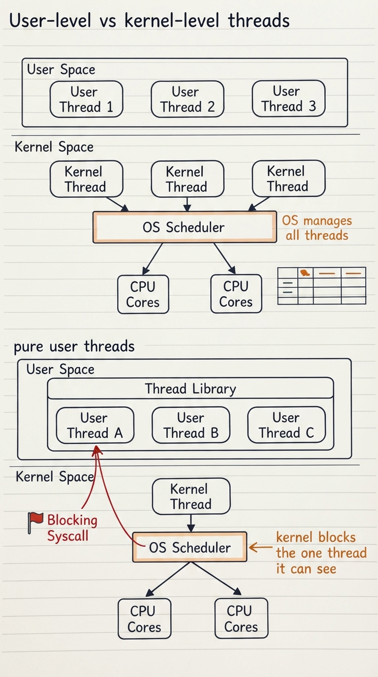 Handwritten A4 diagram: top half "kernel threads" showing the OS scheduler box directly aware of and scheduling three threads onto cores; bottom half "pure user threads" showing a thread-library box in user space juggling three threads that the kernel sees as just one; a red flag on the bottom half marks a blocking syscall in one user thread freezing the whole group, with the note "kernel blocks the one thread it can see".