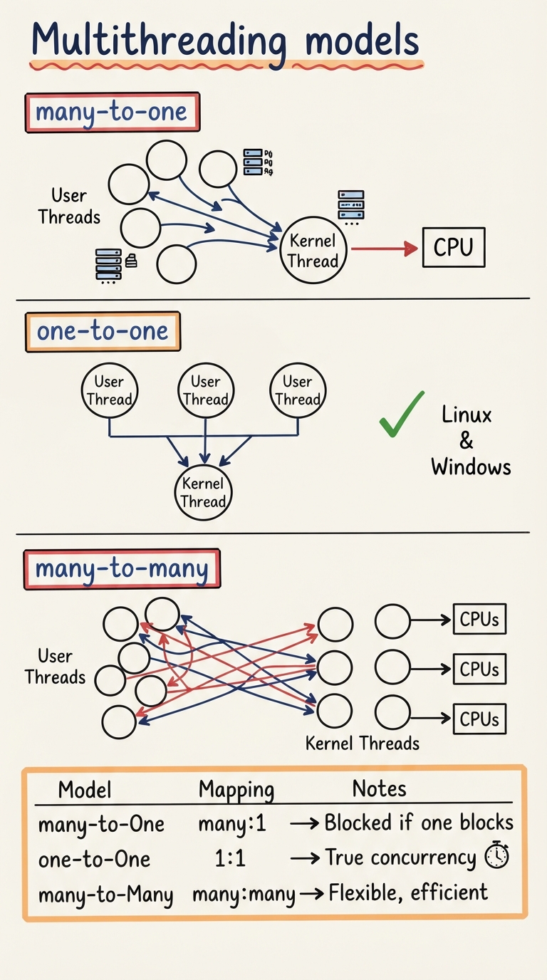 Handwritten A4 diagram: three labelled panels showing mappings between user threads (top row of circles) and kernel threads (bottom row) — "many-to-one" with several user threads funnelling into one kernel thread, "one-to-one" with each user thread paired to its own kernel thread, and "many-to-many" with several user threads multiplexed onto a smaller set of kernel threads; a tick mark and the note "Linux & Windows" sits next to one-to-one.