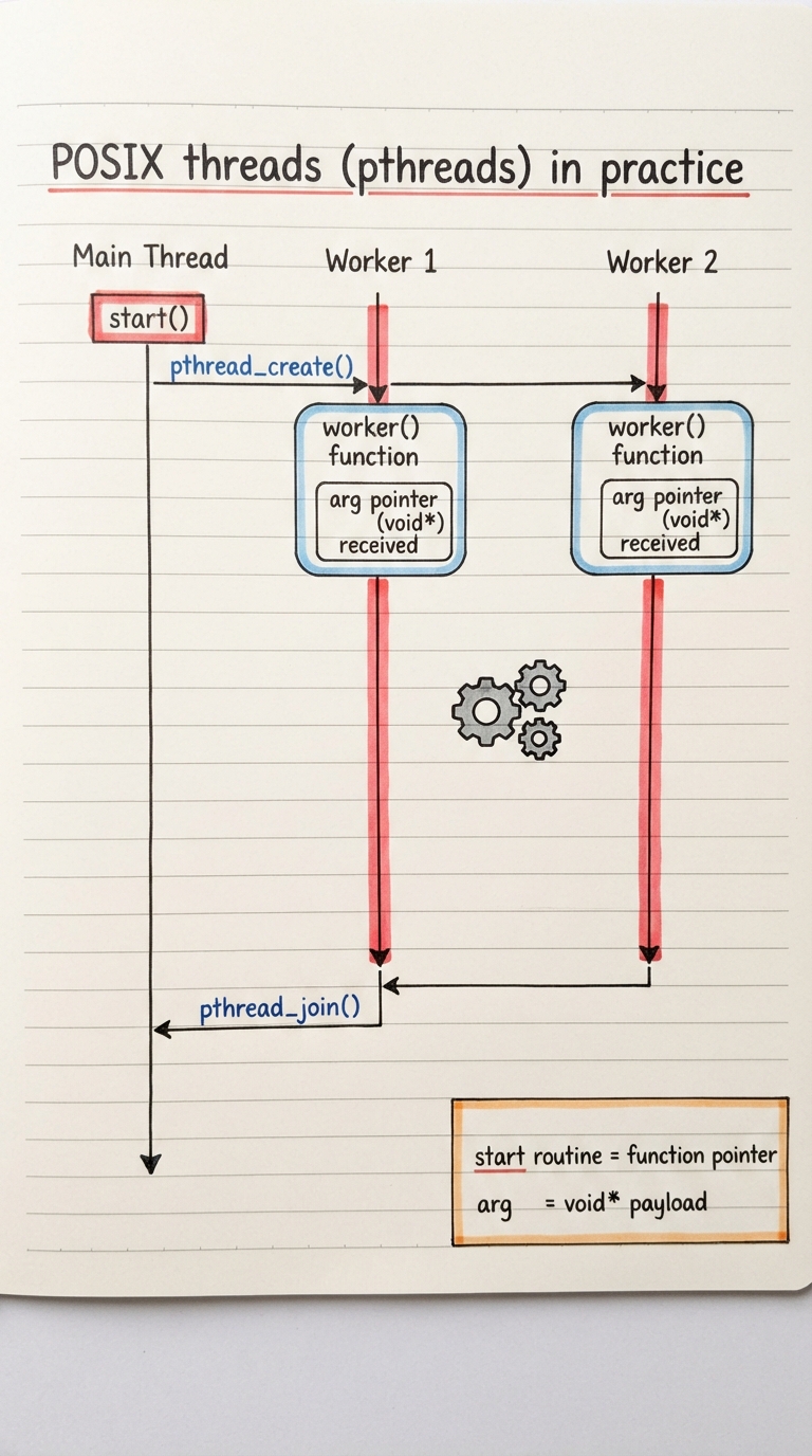 Handwritten A4 diagram: a main() timeline that forks into two labelled worker arrows via pthread_create (each pointing at a "worker()" function box that receives an arg pointer), the two workers running in parallel, then rejoining the main line at two pthread_join points; a small legend explains "start routine = function pointer" and "arg = void* payload".