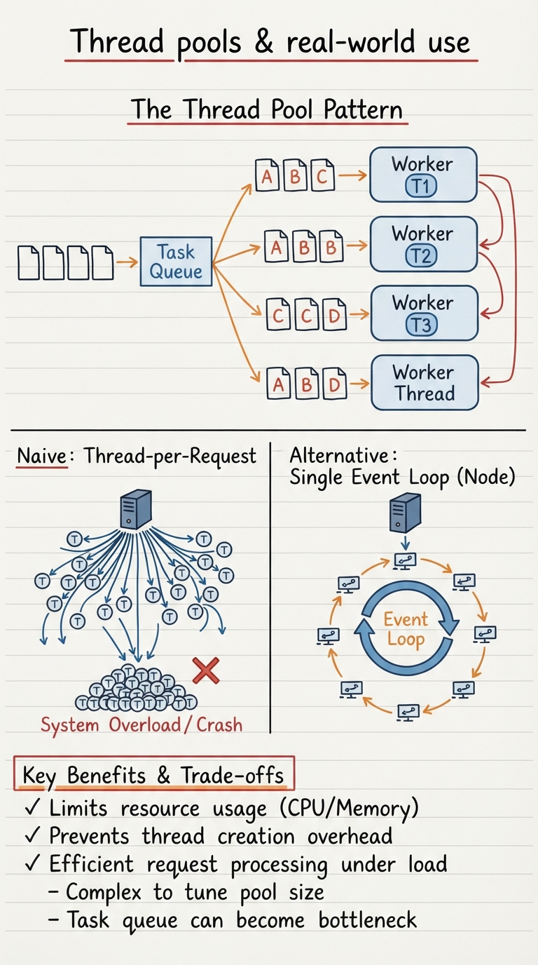 Handwritten A4 diagram: a queue of incoming task cards feeding a "task queue", with a fixed pool of four worker threads pulling cards one at a time, finishing, and looping back for the next; beside it a contrasting sketch of a naive "thread-per-request" server spawning an unbounded fan of threads that collapses under load, and a third small sketch of a single event-loop thread (Node) cycling through many connections.