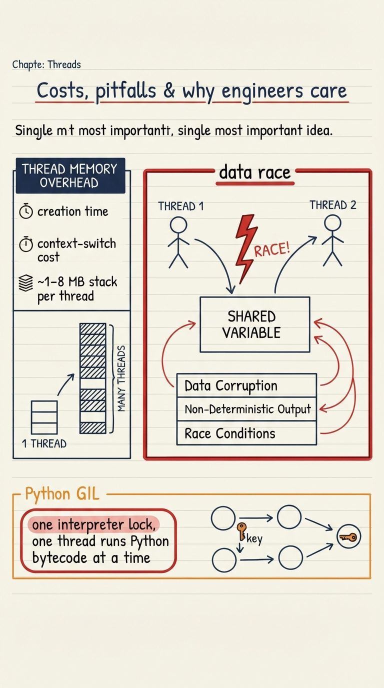 Handwritten A4 diagram: a cost panel listing "creation time", "context-switch cost", and "~1–8 MB stack per thread" with a stack of memory blocks growing as thread count rises; a second panel shows two threads both writing one shared variable with a lightning "race!" mark; a third small panel labels "Python GIL — one interpreter lock, one thread runs Python bytecode at a time" with a single key passing between threads.
