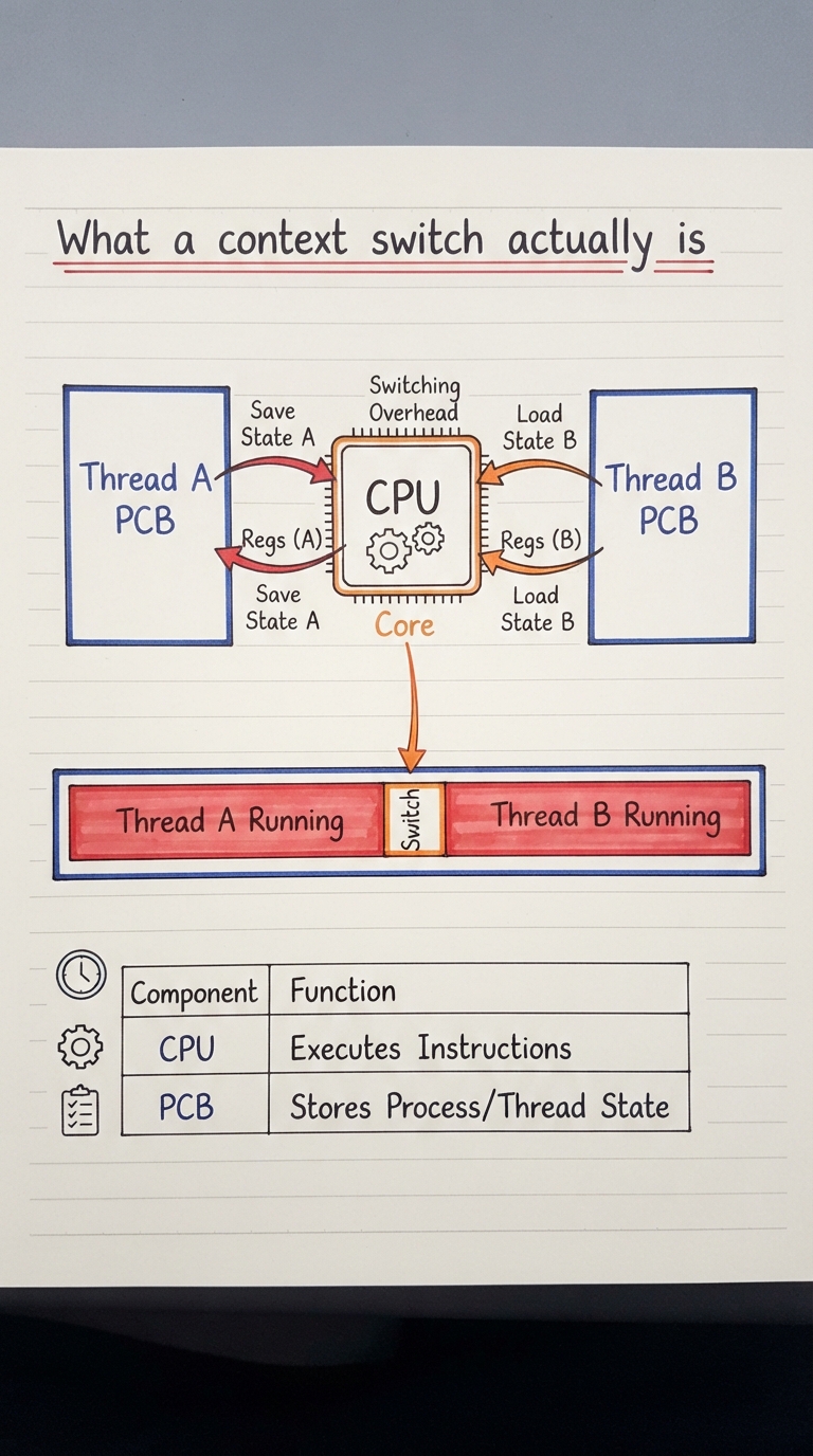 Handwritten A4 diagram: one CPU in the middle; thread A’s registers being dumped into its PCB box on the left while thread B’s saved registers are loaded from its PCB on the right; a timeline strip below showing A running, a thin switch sliver, then B running.