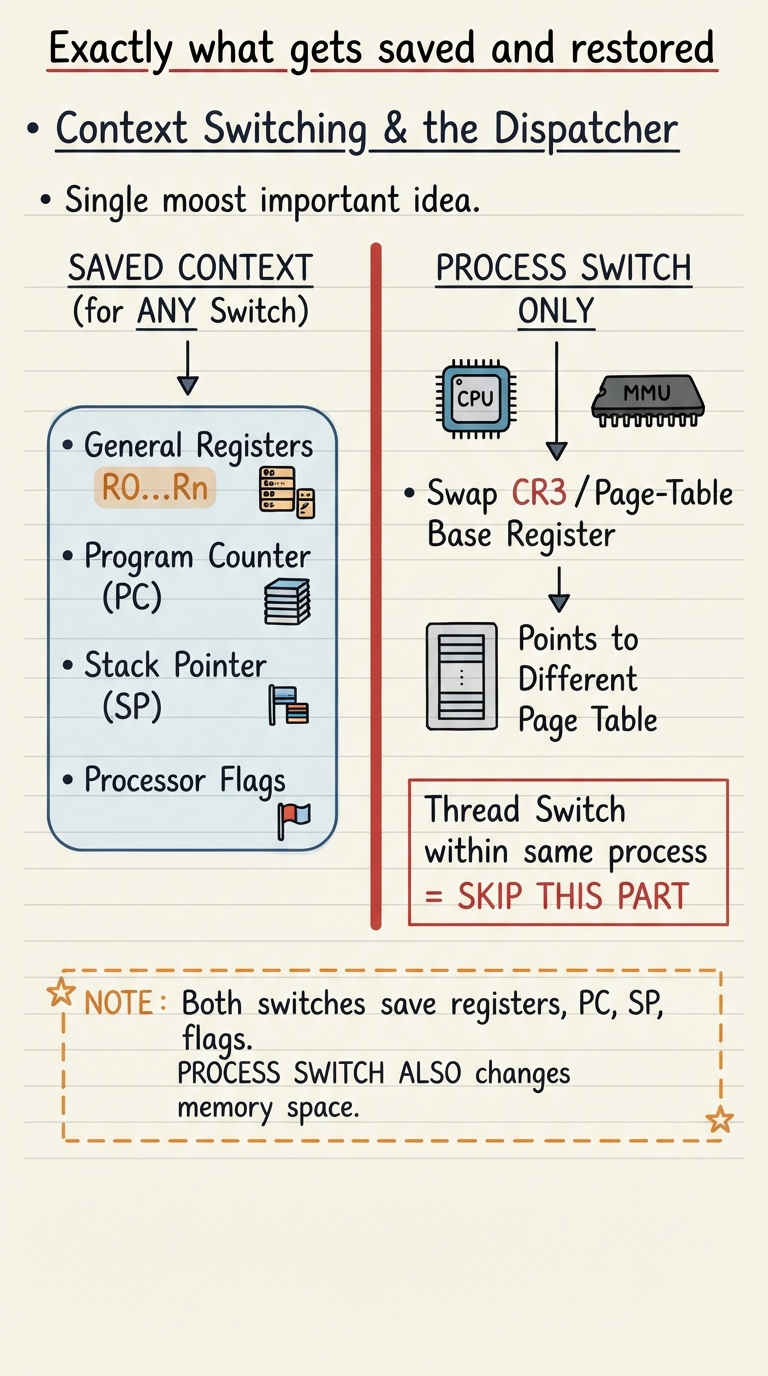 Handwritten A4 diagram: left column lists the saved context — general registers R0..Rn, PC, SP, flags; a divider; right side shows a process switch also swapping the CR3 / page-table base register pointing to a different page table, with a note "thread switch within same process = skip this part".
