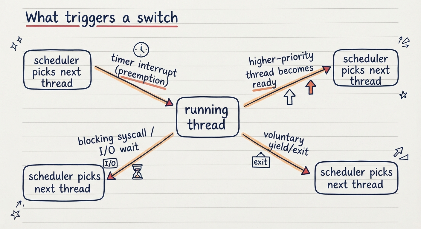 Handwritten A4 diagram: a running thread in the centre with four arrows pointing away, each labelled — timer interrupt (preemption), blocking syscall / I/O wait, higher-priority thread becomes ready, voluntary yield/exit; each arrow ends at "scheduler picks next thread".