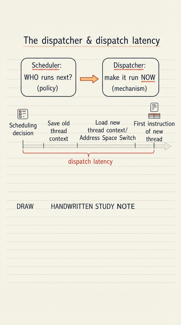 Handwritten A4 diagram: two boxes side by side — "Scheduler: WHO runs next? (policy)" and "Dispatcher: make it run NOW (mechanism)"; below, a timeline bracket labelled "dispatch latency" spanning from the scheduling decision through save/restore/address-space switch to the first instruction of the new thread.