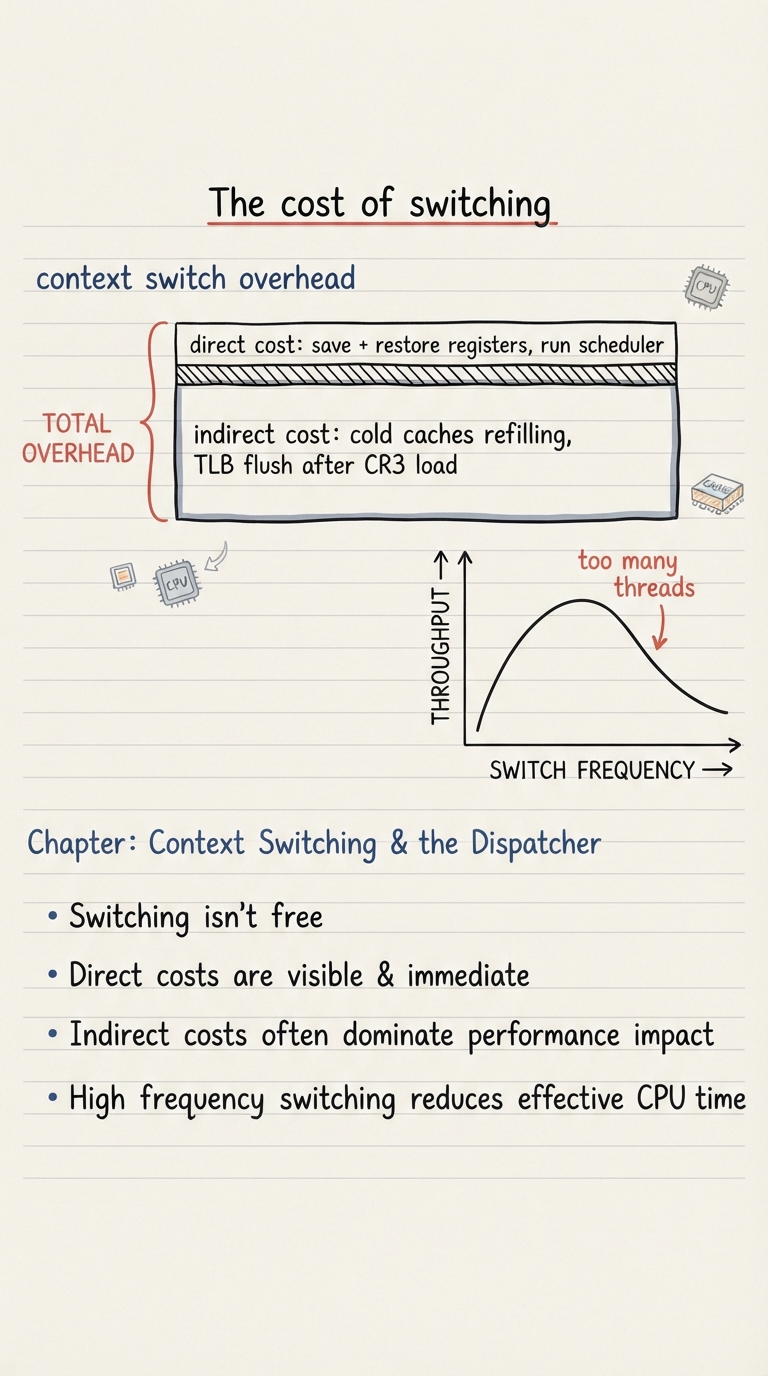 Handwritten A4 diagram: two stacked bars — a thin "direct cost: save + restore registers, run scheduler" bar, and a much fatter "indirect cost: cold caches refilling, TLB flush after CR3 load" bar; a curve on the right showing throughput rising then falling as switch frequency grows, marked "too many threads".