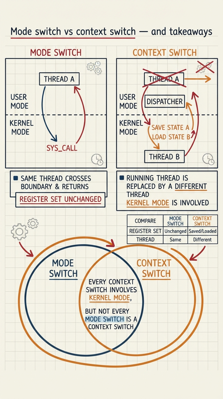 Handwritten A4 diagram: left panel "mode switch" — same thread crossing the user/kernel dashed line via a syscall and returning, register set unchanged; right panel "context switch" — the dashed line plus the running thread being replaced by a different thread; a Venn-style note "every context switch involves kernel mode, but not every mode switch is a context switch".