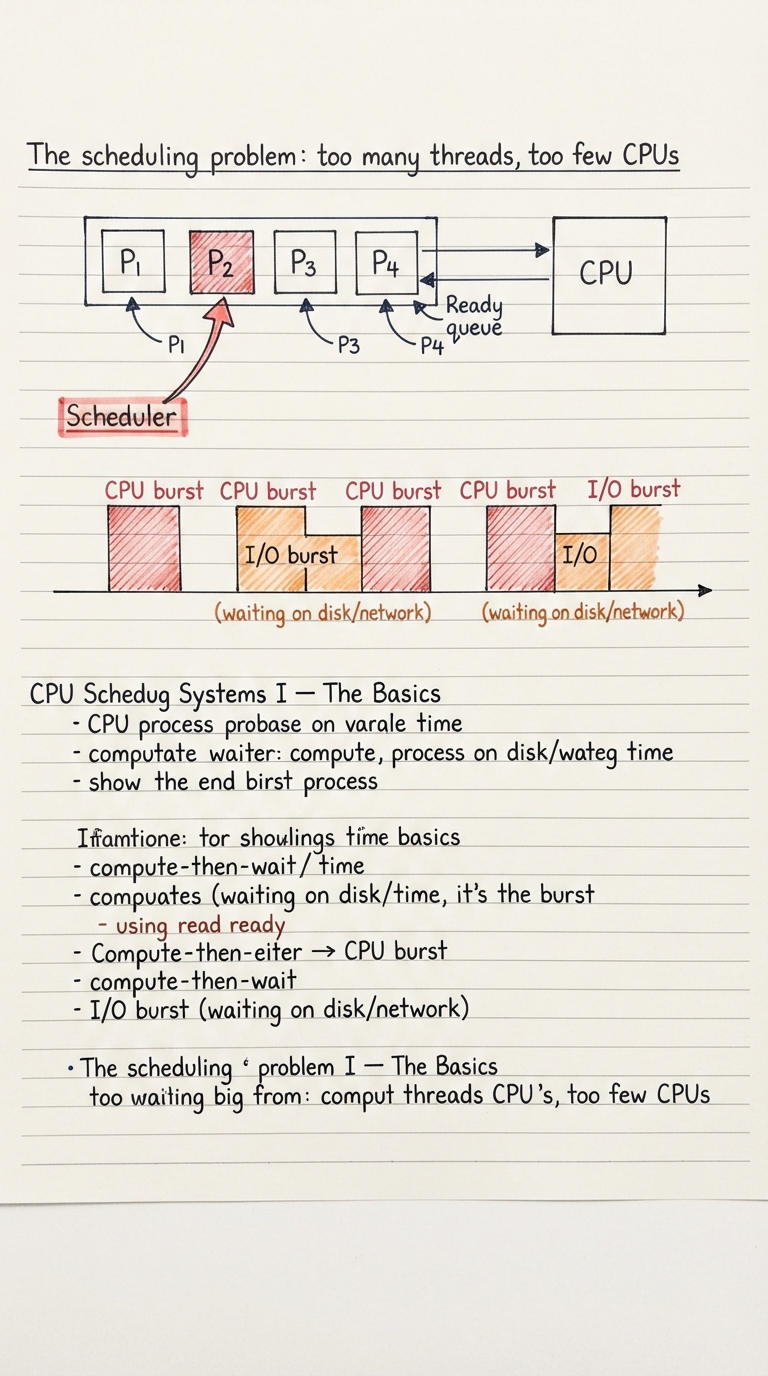 Handwritten A4 diagram: a ready queue drawn as a horizontal row of process boxes (P1 P2 P3 P4) feeding into a single CPU box on the right; a "scheduler" label with an arrow picks one box to admit while the rest wait. Below, a timeline of one process shown as alternating shaded blocks labelled "CPU burst" and "I/O burst (waiting on disk/network)", illustrating the compute-then-wait cycle.