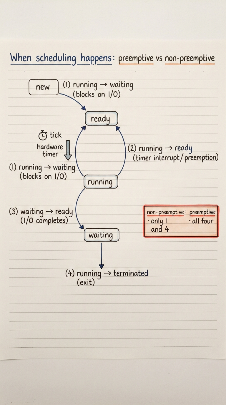 Handwritten A4 diagram: a state-transition sketch of a process with the four scheduling decision points numbered — (1) running → waiting (blocks on I/O), (2) running → ready (timer interrupt / preemption), (3) waiting → ready (I/O completes), (4) running → terminated (exit). A hardware timer icon with a downward "tick" arrow triggers point 2. A side box contrasts "non-preemptive: only 1 and 4" with "preemptive: all four".