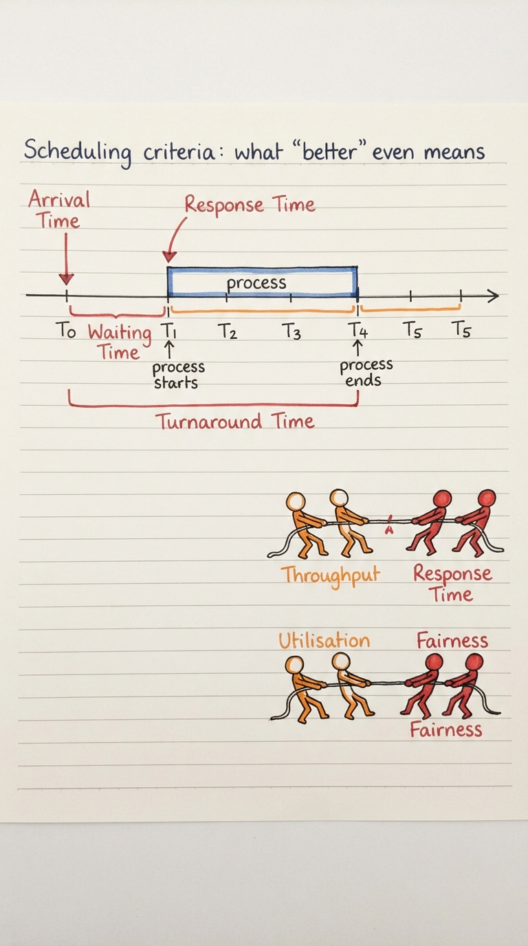 Handwritten A4 diagram: a single process timeline annotated to show where each metric is measured — arrival time marked with an arrow, the gaps where it sits in the ready queue bracketed as "waiting time", first moment it runs marked "response time", and the full span from arrival to completion bracketed as "turnaround time". Beside it a small tug-of-war sketch labelled "throughput vs response time" and "utilisation vs fairness" showing the metrics pulling against each other.