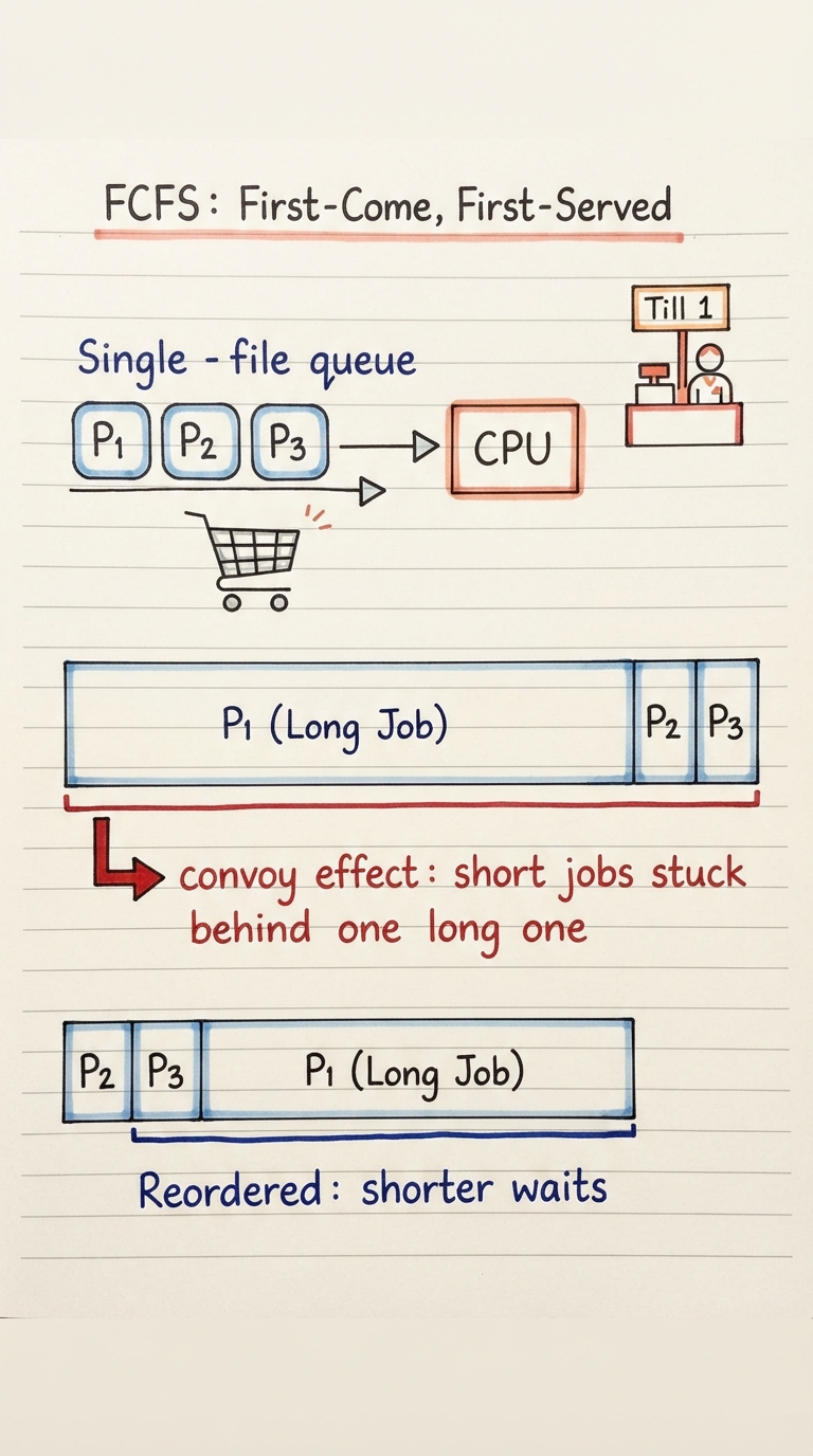 Handwritten A4 diagram: a single-file queue of process boxes entering a CPU strictly in arrival order (a supermarket-till metaphor sketched beside it). Below, a Gantt bar with one very long P1 block followed by two tiny P2 and P3 blocks, and a caption "convoy effect: short jobs stuck behind one long one". A second smaller Gantt shows the reordered case with much shorter waits.