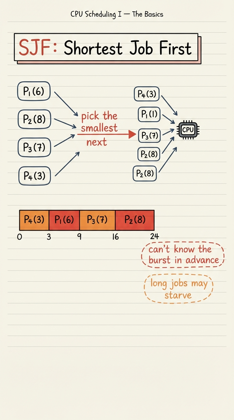 Handwritten A4 diagram: four process boxes labelled with their burst lengths being sorted shortest-to-longest before entering the CPU, with a "pick the smallest next" arrow. A Gantt bar shows P4(3), P1(6), P3(7), P2(8) in ascending order. Two warning bubbles read "can’t know the burst in advance" and "long jobs may starve".