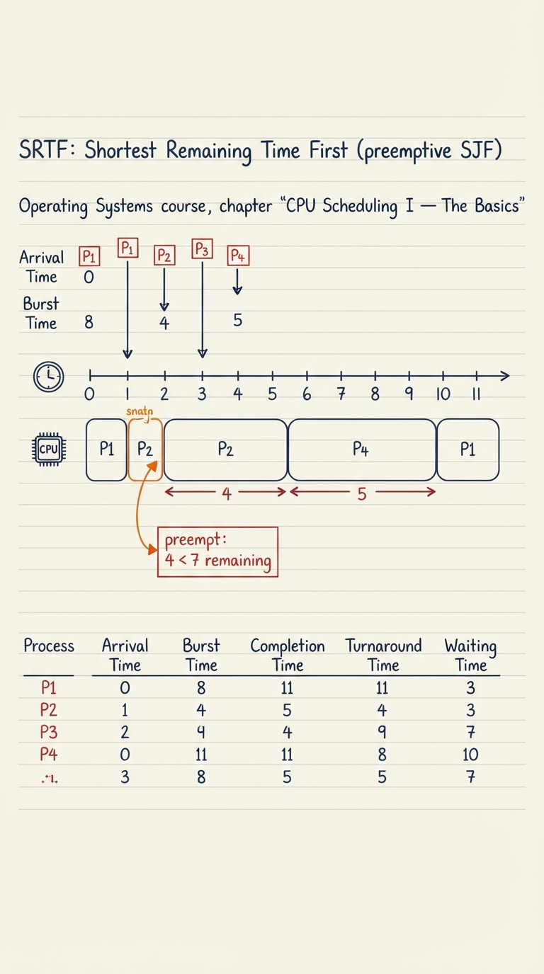 Handwritten A4 diagram: a timeline with staggered arrival arrows for P1, P2, P3, P4 at different times. At the moment P2 arrives, an arrow shows the CPU being snatched away from P1 (labelled "preempt: 4 < 7 remaining"). The Gantt bar shows P1 split into two separate blocks with P2 and P4 running in between, visually demonstrating preemption.