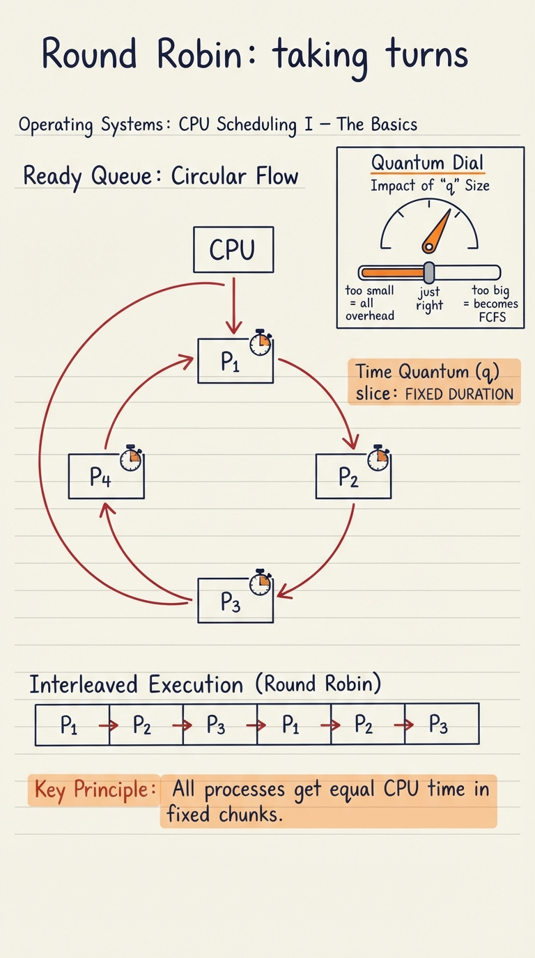 Handwritten A4 diagram: the ready queue drawn as a circle of process boxes with the CPU at the top; each process gets one "time quantum" slice then is sent to the back of the circle (a curved arrow). A quantum dial in the corner shows a slider from "too small = all overhead" through "just right" to "too big = becomes FCFS". A Gantt bar shows P1, P2, P3 interleaved in fixed-size slices.