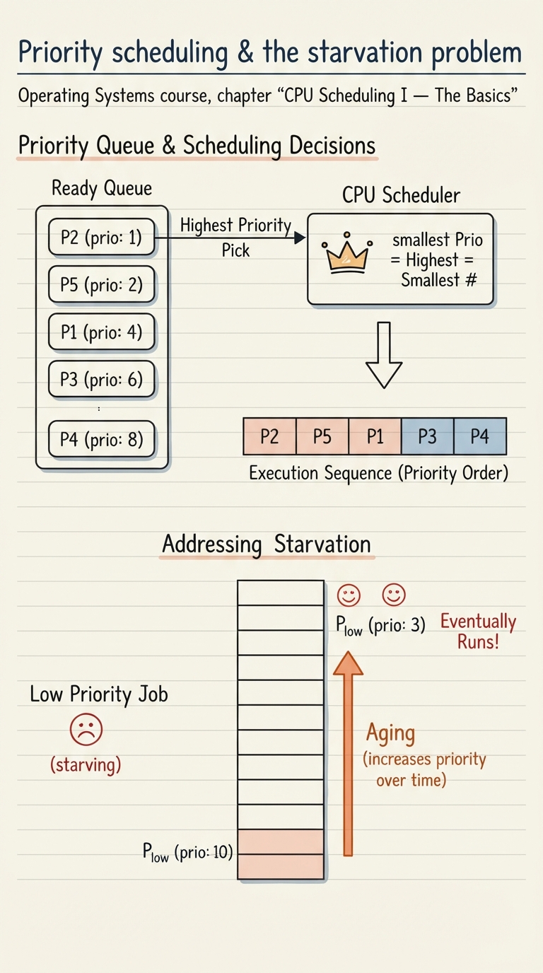 Handwritten A4 diagram: a ready queue where each process box carries a priority number, and the scheduler picks the highest-priority box (a crown icon on the smallest number). A Gantt bar shows P2, P5, P1, P3, P4 in priority order. Below, a low-priority job stuck at the bottom for a long time (labelled "starving"), with an "aging" arrow slowly raising its priority number until it finally runs.