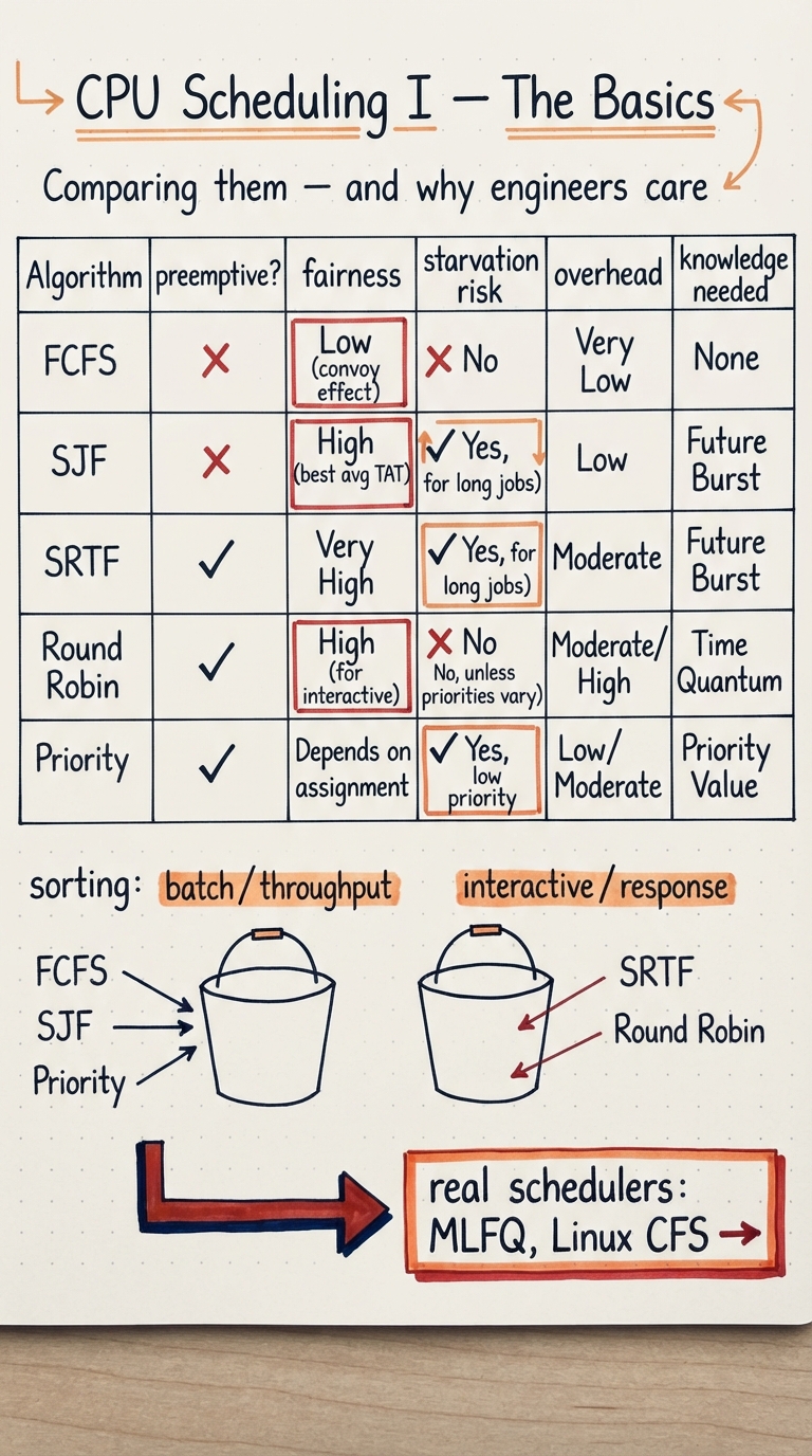 Handwritten A4 comparison table with algorithms as rows (FCFS, SJF, SRTF, Round Robin, Priority) and columns for preemptive?, fairness, starvation risk, overhead, and knowledge needed. Ticks, crosses and short notes fill each cell. Below the table, two labelled buckets — "batch / throughput" and "interactive / response" — with arrows sorting the algorithms into them, and a forward arrow to "real schedulers: MLFQ, Linux CFS →".