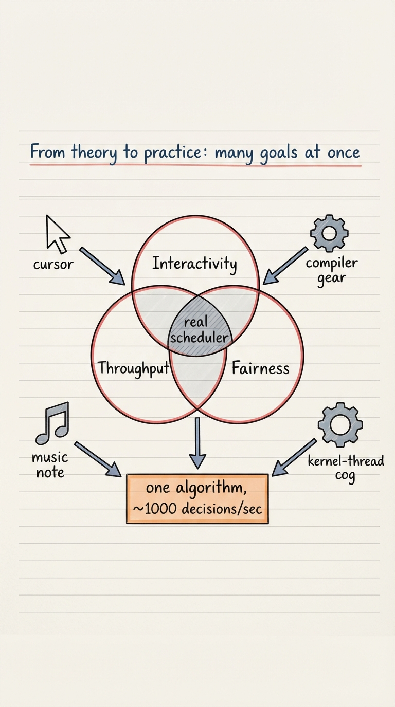 Handwritten A4 diagram: three overlapping goal circles labelled Interactivity, Throughput and Fairness meeting in a shaded centre marked "real scheduler"; around them small workload icons — a cursor, a compiler gear, a music note, a kernel-thread cog — all feeding into one box labelled "one algorithm, ~1000 decisions/sec".
