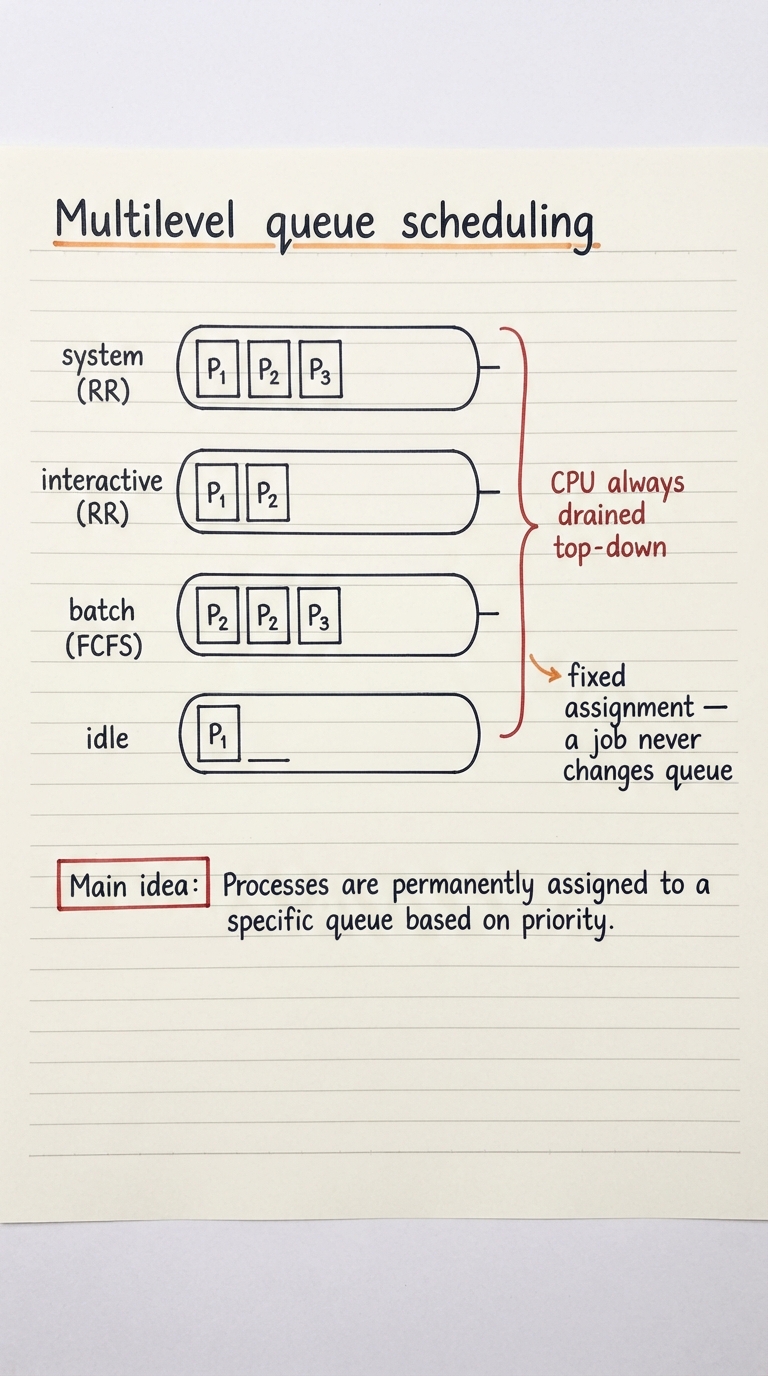 Handwritten A4 diagram: four stacked horizontal queues labelled top to bottom "system (RR)", "interactive (RR)", "batch (FCFS)", "idle"; each queue holds a few process boxes; a bracket on the right shows the CPU always drained top-down, and a note "fixed assignment — a job never changes queue".