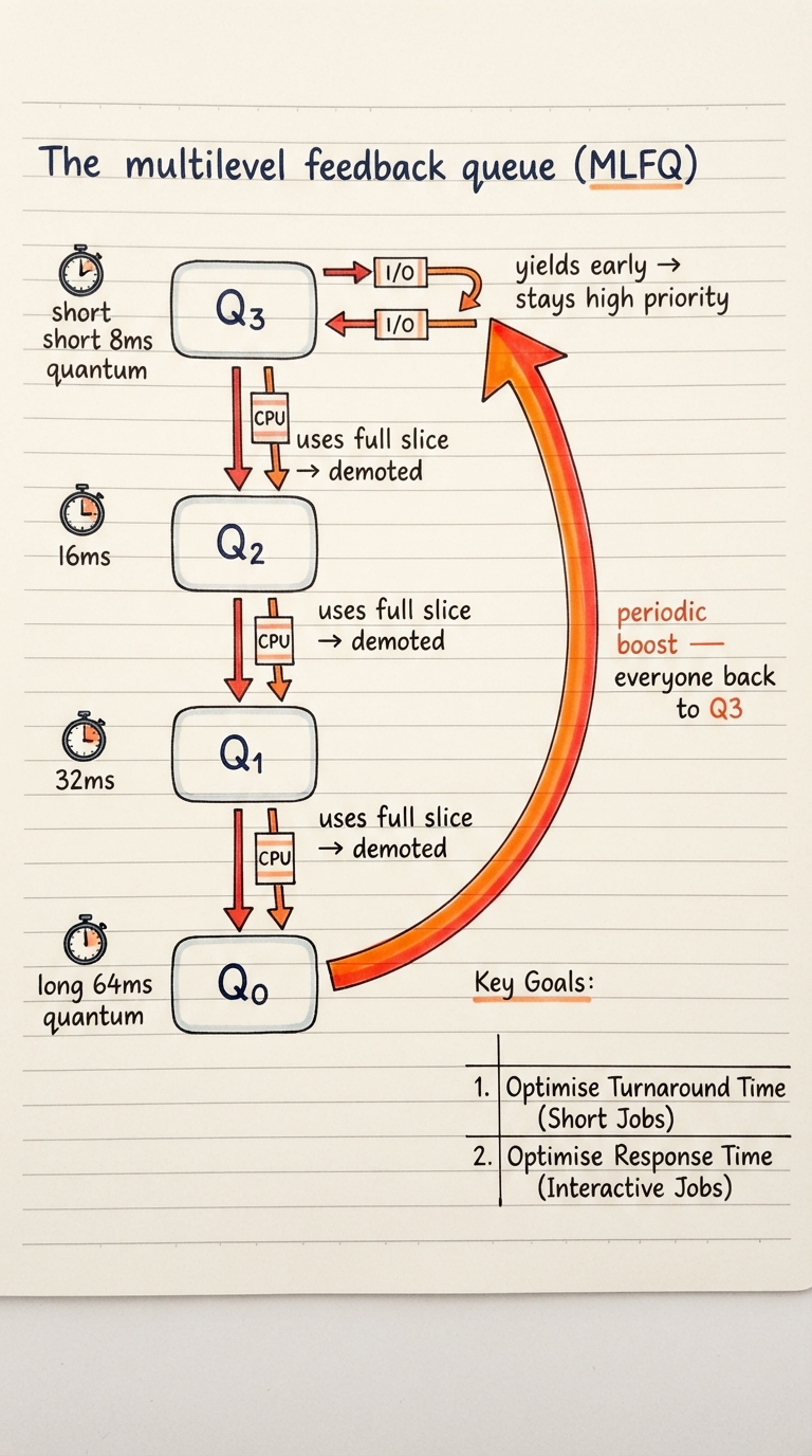 Handwritten A4 diagram: a priority ladder of queues Q3 (top, short 8ms quantum) down to Q0 (bottom, long 64ms quantum); arrows show a CPU-bound job sinking down the ladder each time it uses its full slice, an I/O-bound job staying near the top because it yields early, and a big curved arrow labelled "periodic boost — everyone back to Q3" sweeping all jobs to the top to prevent starvation.