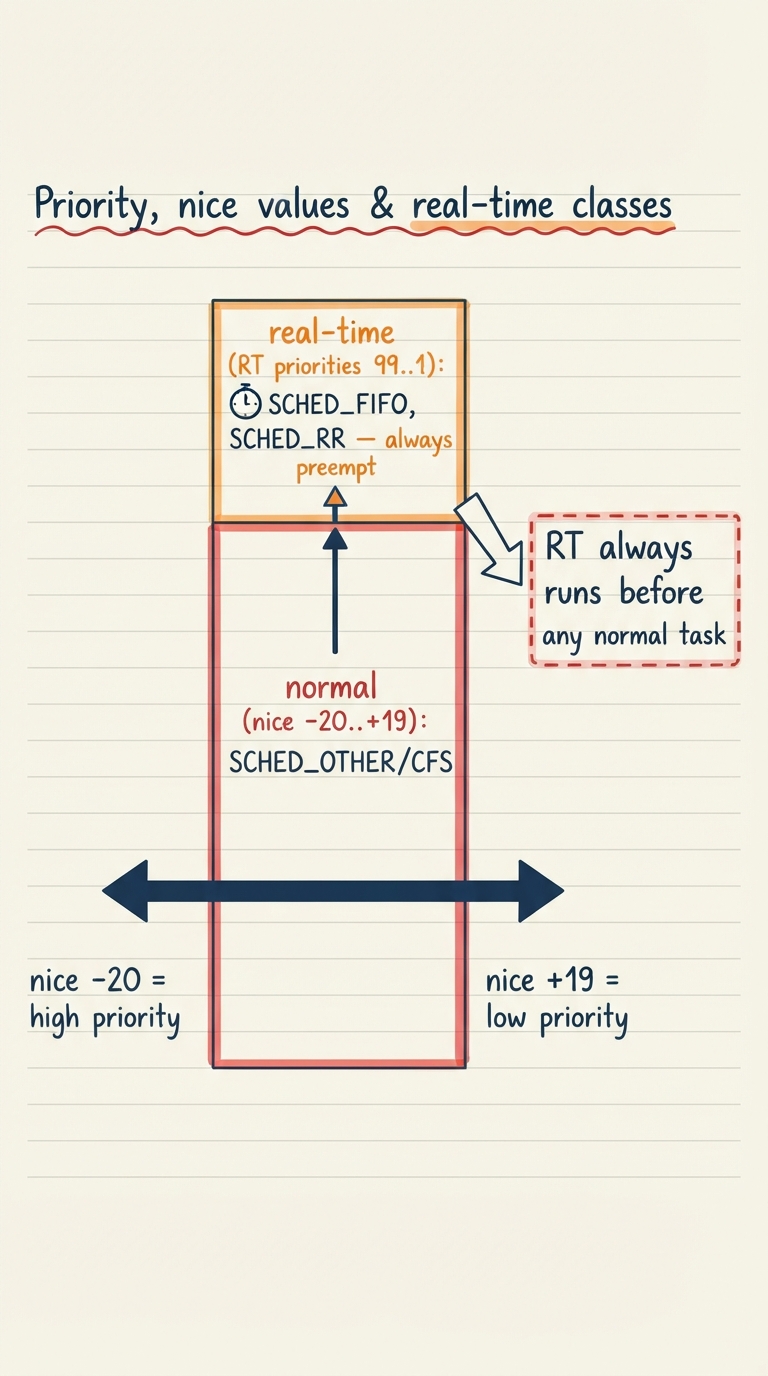 Handwritten A4 diagram: a vertical priority column split into two bands — top band "real-time (RT priorities 99..1): SCHED_FIFO, SCHED_RR — always preempt" and bottom band "normal (nice -20..+19): SCHED_OTHER/CFS"; a horizontal arrow shows nice -20 = high priority on the left, nice +19 = low on the right; a note "RT always runs before any normal task".